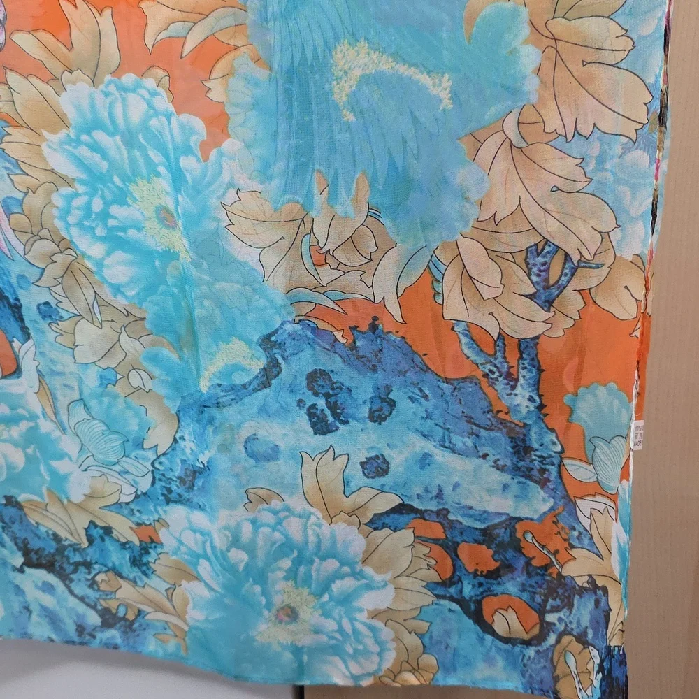 Orange and Blue Floral Scarf, Vibrant, Sheer, 20